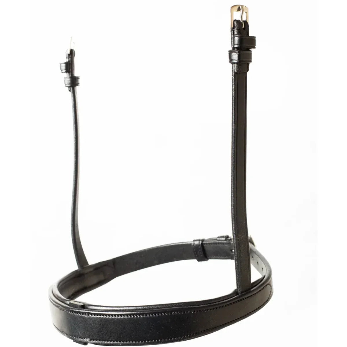 EcoRider Perfect Fit Show Comfort Noseband in premium black vegetable-tanned leather, featuring a sleek, padded cavesson design ideal for showing and hunter classes, isolated on a white background.