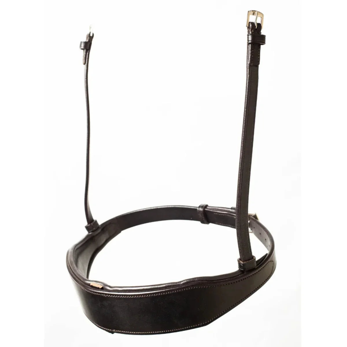 EcoRider Perfect Fit Comfort Noseband in premium brown eco-friendly vegetable-tanned leather, featuring a traditional padded cavesson style with an integrated discreet flash channel for versatile training and showing, isolated on a white background.