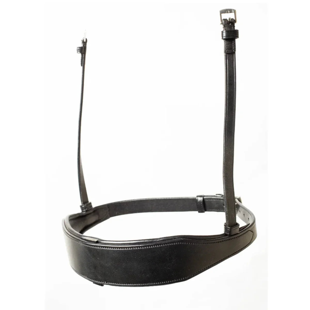 EcoRider Perfect Fit Comfort Noseband in premium black eco-friendly vegetable-tanned leather, featuring a traditional padded cavesson style with an integrated discreet flash channel for versatile training and showing, isolated on a white background.