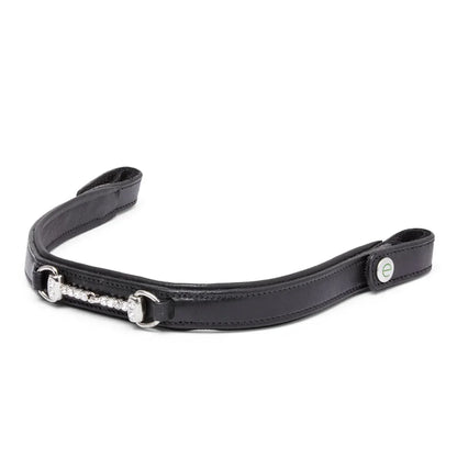 EcoRider black leather curved browband with a crystal-embellished silver snaffle bit design, isolated on a white background.