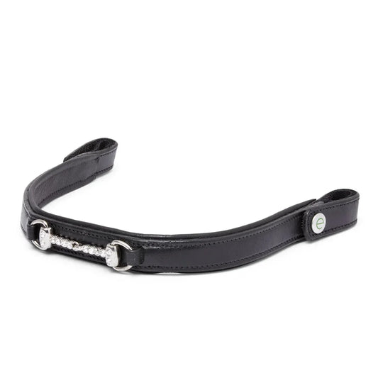 EcoRider black leather curved browband with a crystal-embellished silver snaffle bit design, isolated on a white background.