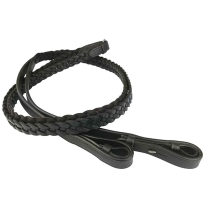 Coiled Black EcoRider Plaited Leather Reins featuring a traditional hand-braided grip and secure hook stud ends.