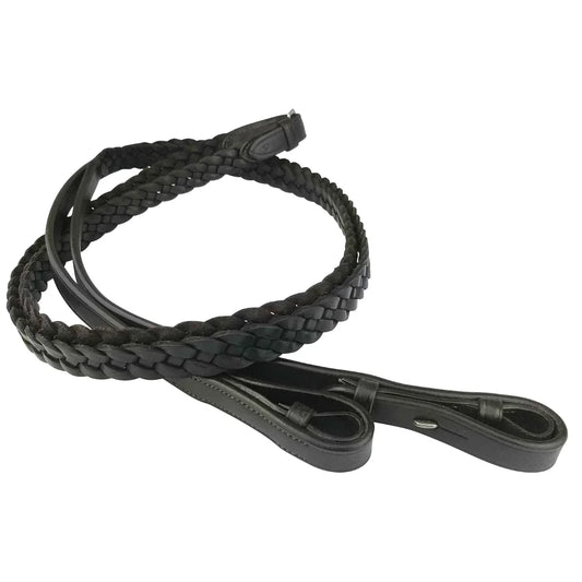 Coiled Black EcoRider Plaited Leather Reins featuring a traditional hand-braided grip and secure hook stud ends.