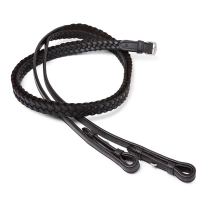 Coiled Brown EcoRider Plaited Leather Reins featuring a traditional hand-braided grip and secure hook stud ends.