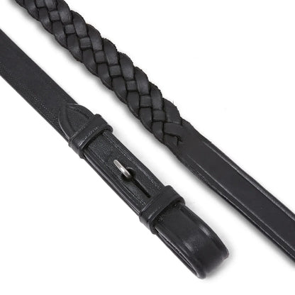 Black EcoRider Plaited Leather Reins featuring a traditional hand-braided grip and supple black leather billet ends.