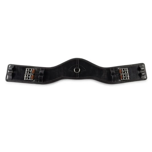 Black EcoRider SeamFree Anatomic Dressage Leather Girth featuring a wide contoured sternum plate, central D-ring, and roller buckles.
