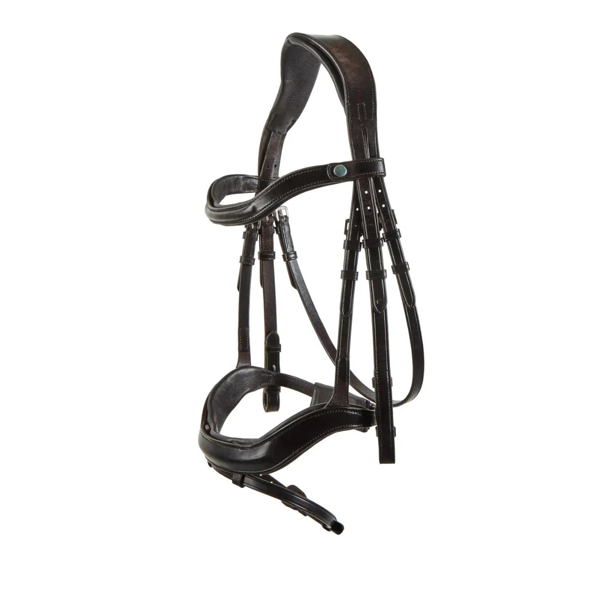 Brown EcoRider anatomic leather bridle featuring an ergonomic padded headpiece, curved browband, and padded noseband with flash.