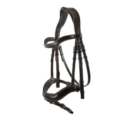 Brown EcoRider anatomic leather bridle featuring an ergonomic padded headpiece, curved browband, and padded noseband with flash.