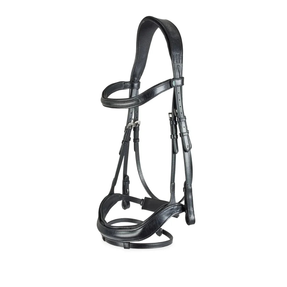 Black EcoRider anatomic leather bridle featuring an ergonomic padded headpiece, curved browband, and padded noseband with flash attachment.