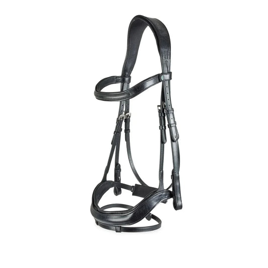 Black EcoRider anatomic leather bridle featuring an ergonomic padded headpiece, curved browband, and padded noseband with flash attachment.