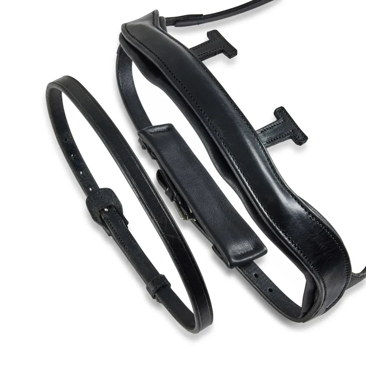 Black EcoRider anatomical leather noseband with padded chin guard connected to the Perfect Fit Universal Strap.