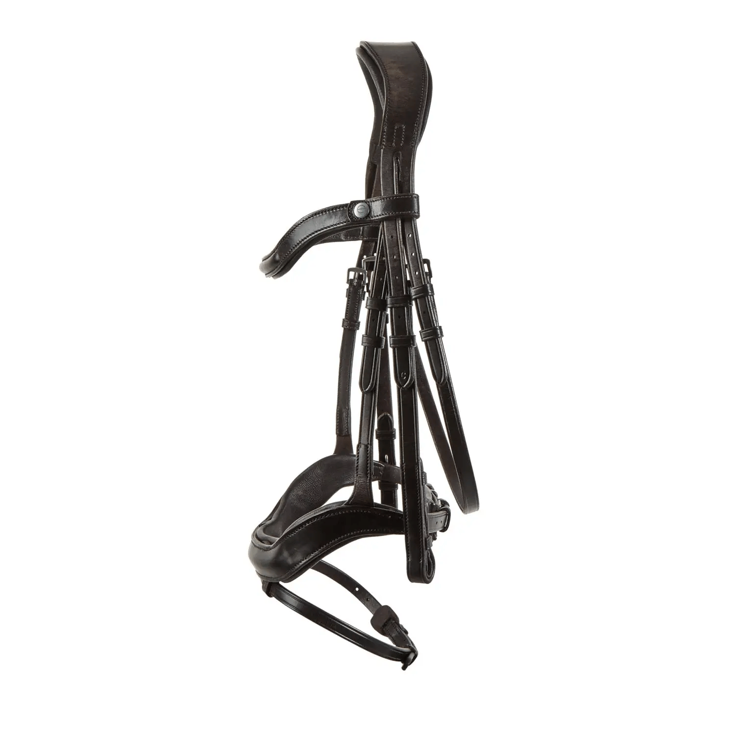 Brown EcoRider anatomic leather bridle featuring an ergonomic padded headpiece, curved browband, and padded noseband with removable flash.