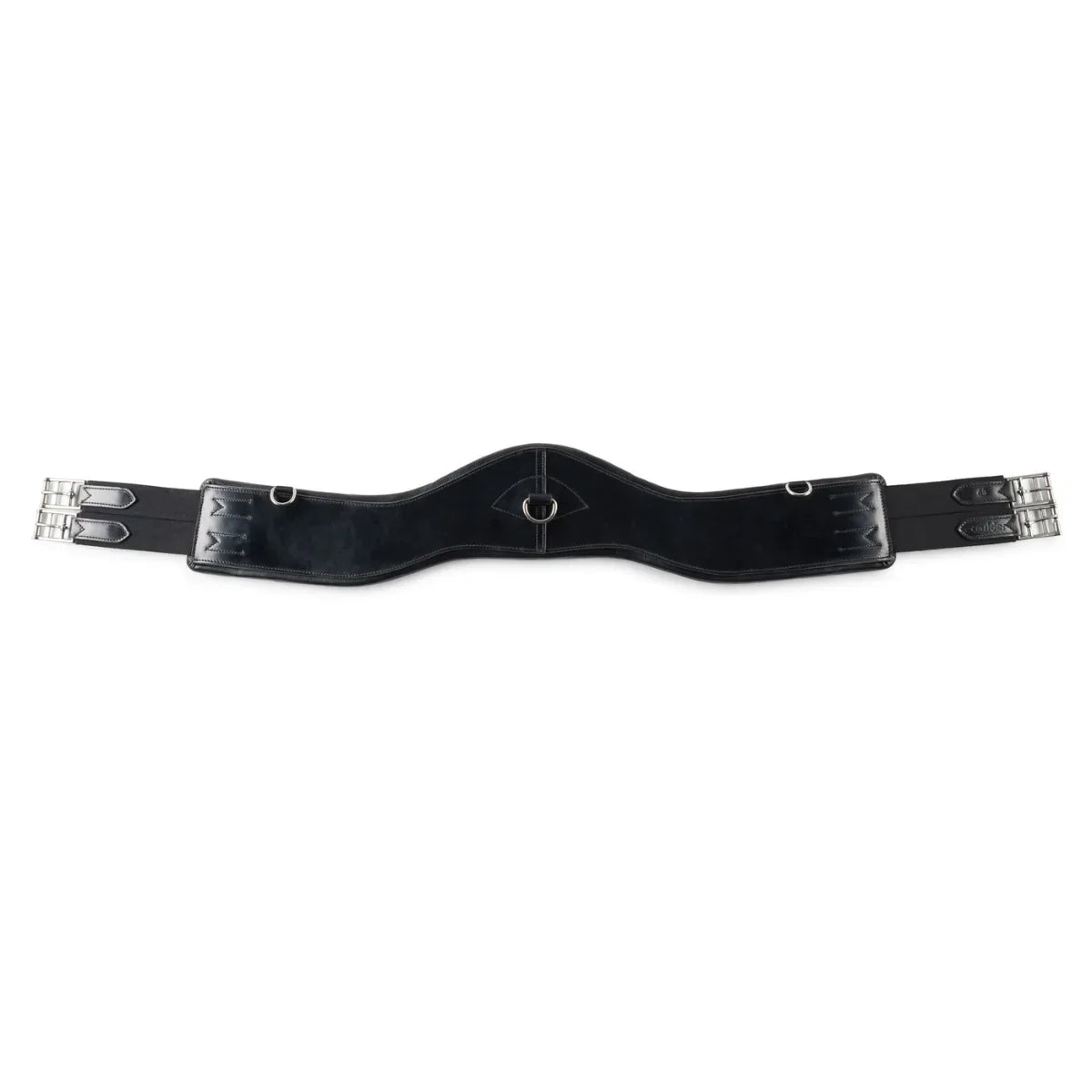 EcoRider black Ultra Comfort anatomic leather girth with central D-ring, contoured elbow clearance, and stainless steel roller buckles.