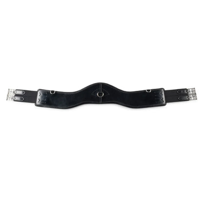 EcoRider black Ultra Comfort anatomic leather girth with central D-ring, contoured elbow clearance, and stainless steel roller buckles.