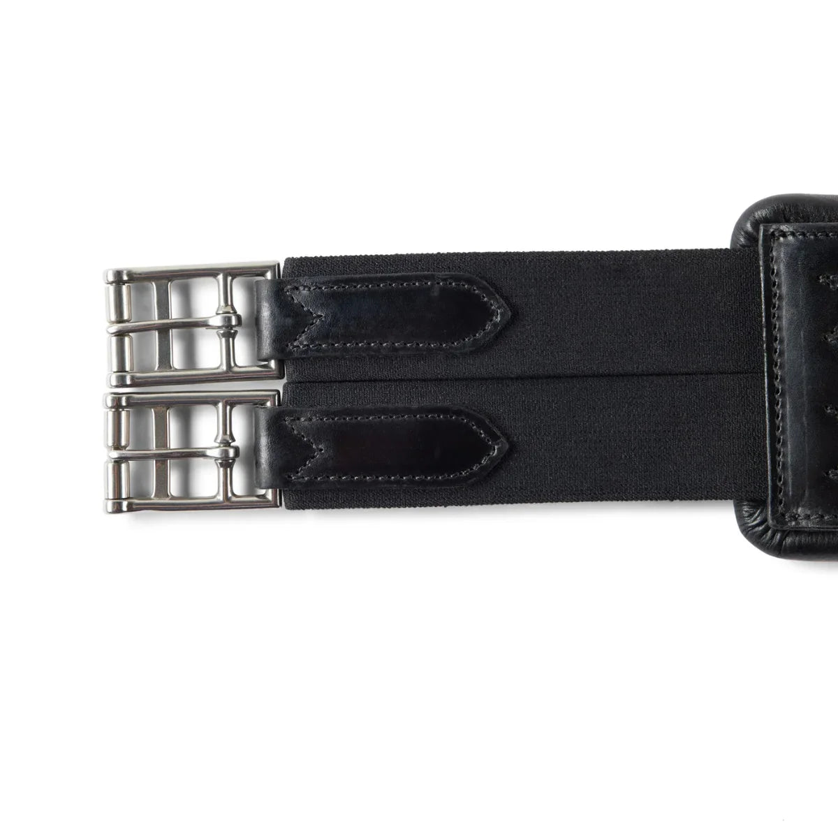 Close-up of the dual stainless steel roller buckles on black elasticated ends of the EcoRider Ultra Comfort anatomic leather girth.