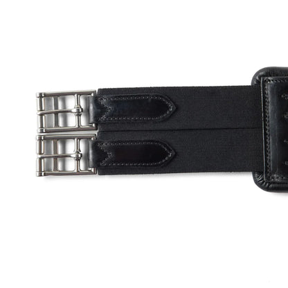 Close-up of the dual stainless steel roller buckles on black elasticated ends of the EcoRider Ultra Comfort anatomic leather girth.
