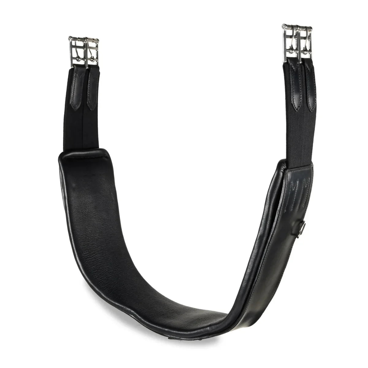 U-shape view of the EcoRider black Ultra Comfort anatomic leather girth with black elasticated ends and stainless steel roller buckles.