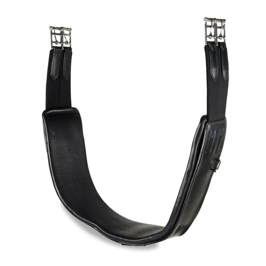 U-shape view of the EcoRider black Ultra Comfort anatomic leather girth with black elasticated ends and stainless steel roller buckles.