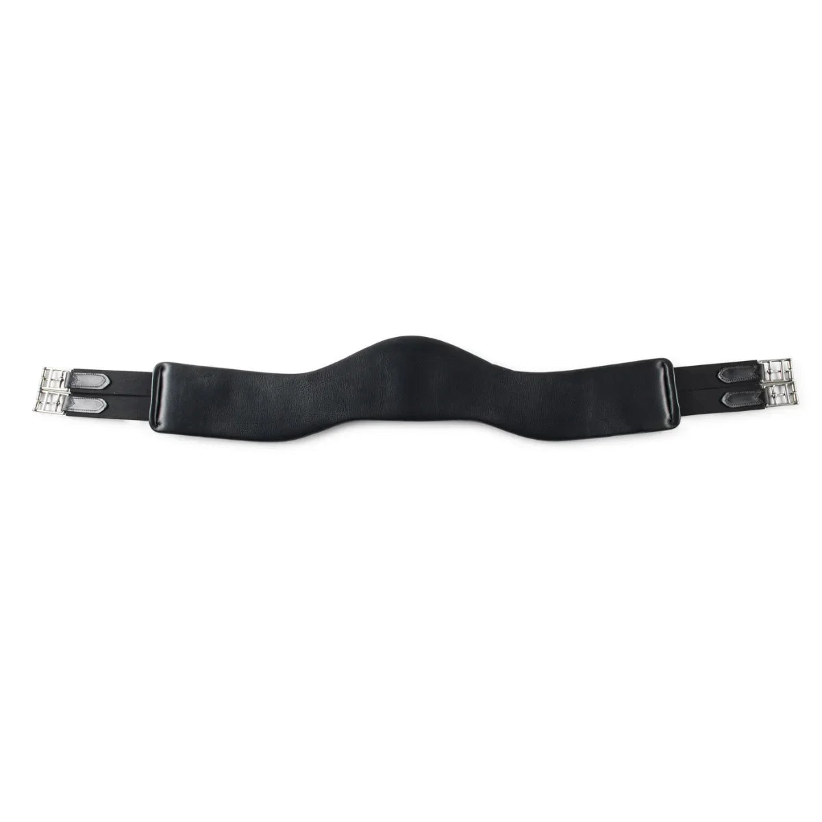 EcoRider black SeamFree anatomic dressage leather girth with contoured elbow clearance and stainless steel buckles on a white background.
