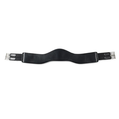 EcoRider black SeamFree anatomic dressage leather girth with contoured elbow clearance and stainless steel buckles on a white background.