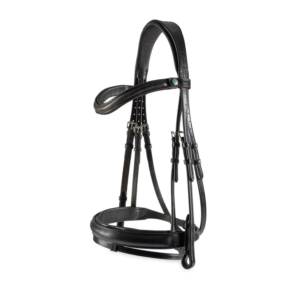 Black EcoRider SeamFree Anatomic Leather Bridle featuring a padded headpiece, curved browband, and padded noseband with removable flash.