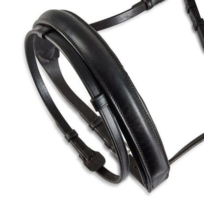Black EcoRider Perfect Fit Show Comfort Cavesson Noseband separate, featuring thick protective padding and adjustable straps.