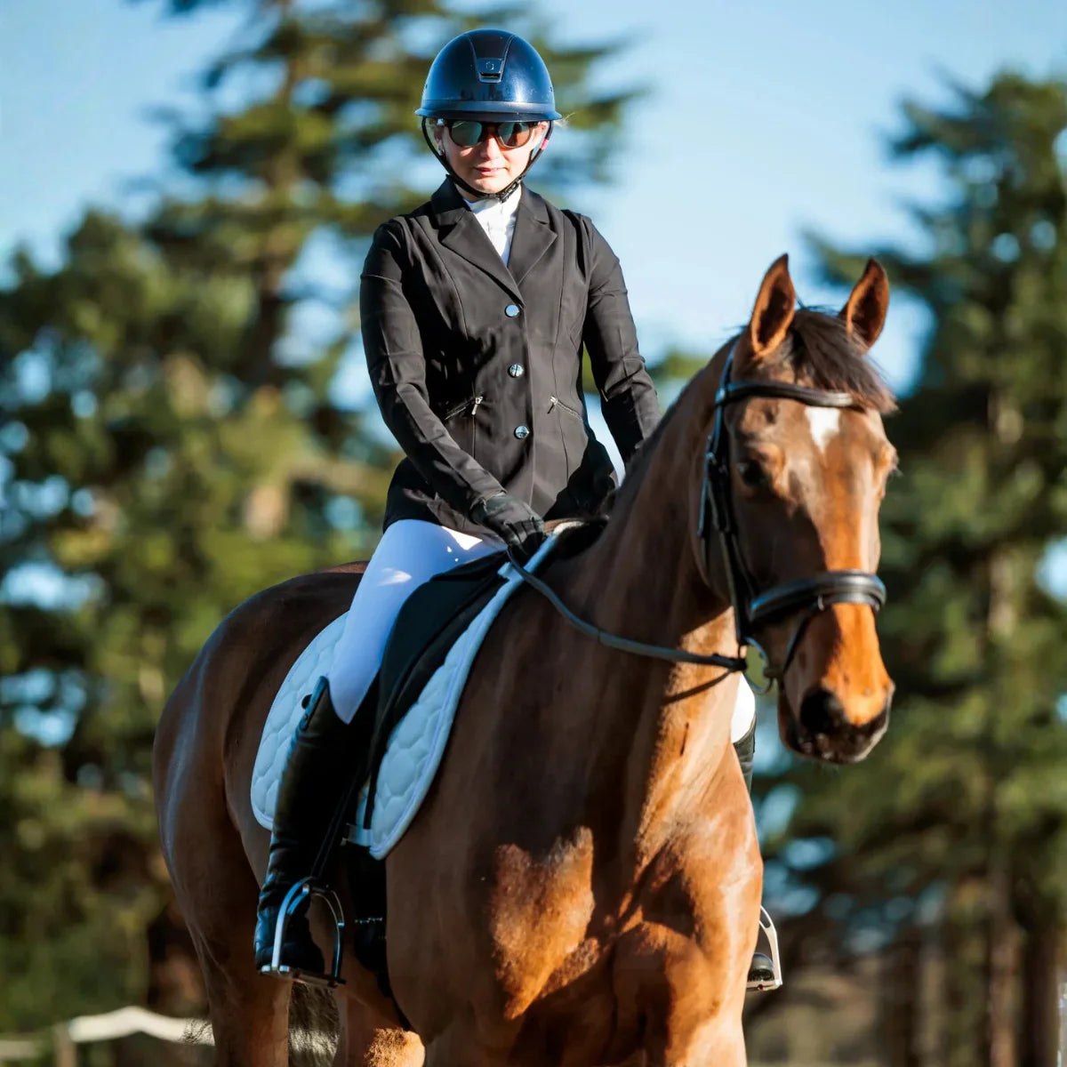 Equestrian rider on a bay horse wearing an EcoRider anatomical leather bridle during an outdoor training session.