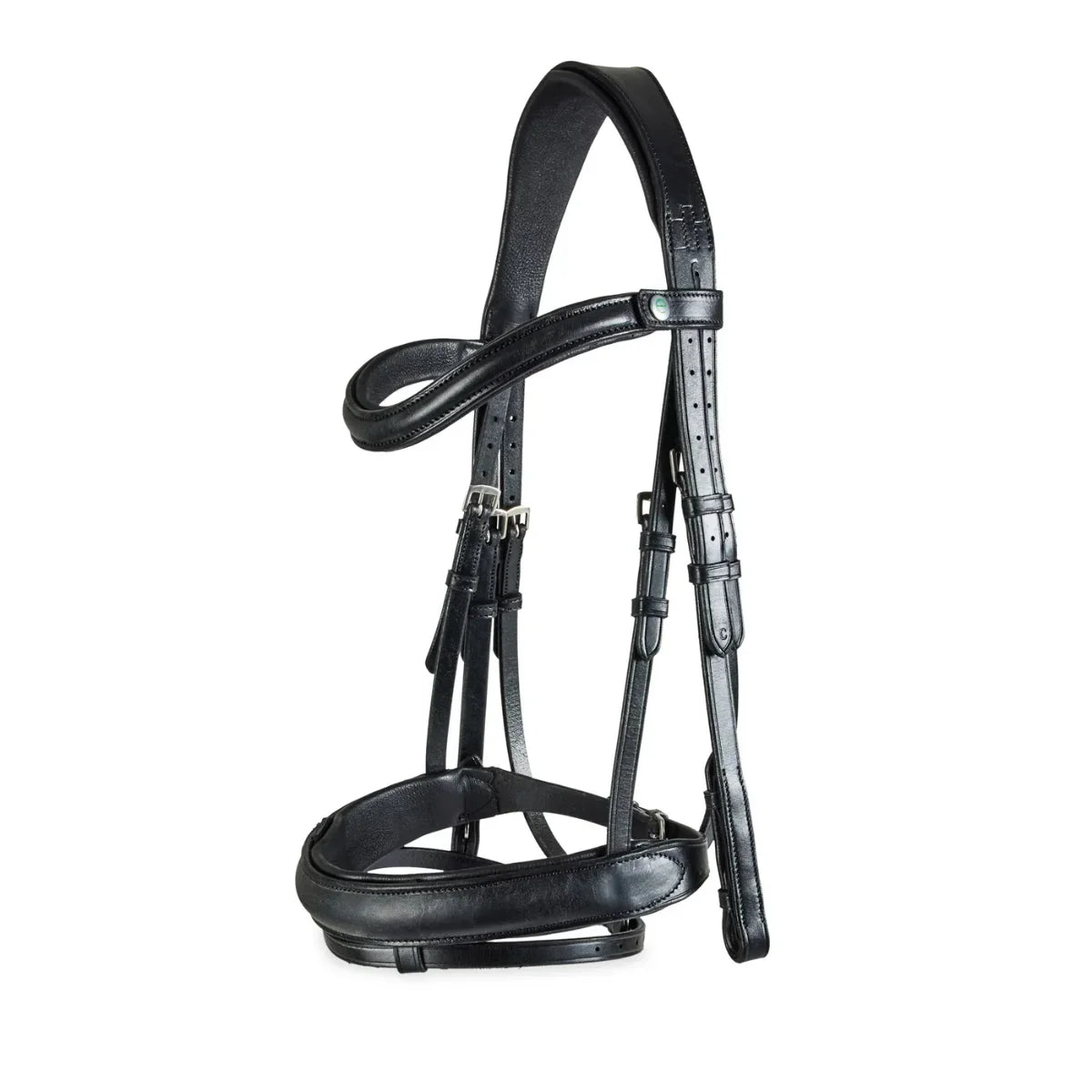 Black EcoRider Freedom Comfort plain padded cavesson leather bridle with an anatomic headpiece and curved padded browband.