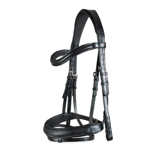 Black EcoRider Freedom Comfort plain padded cavesson leather bridle with an anatomic headpiece and curved padded browband.
