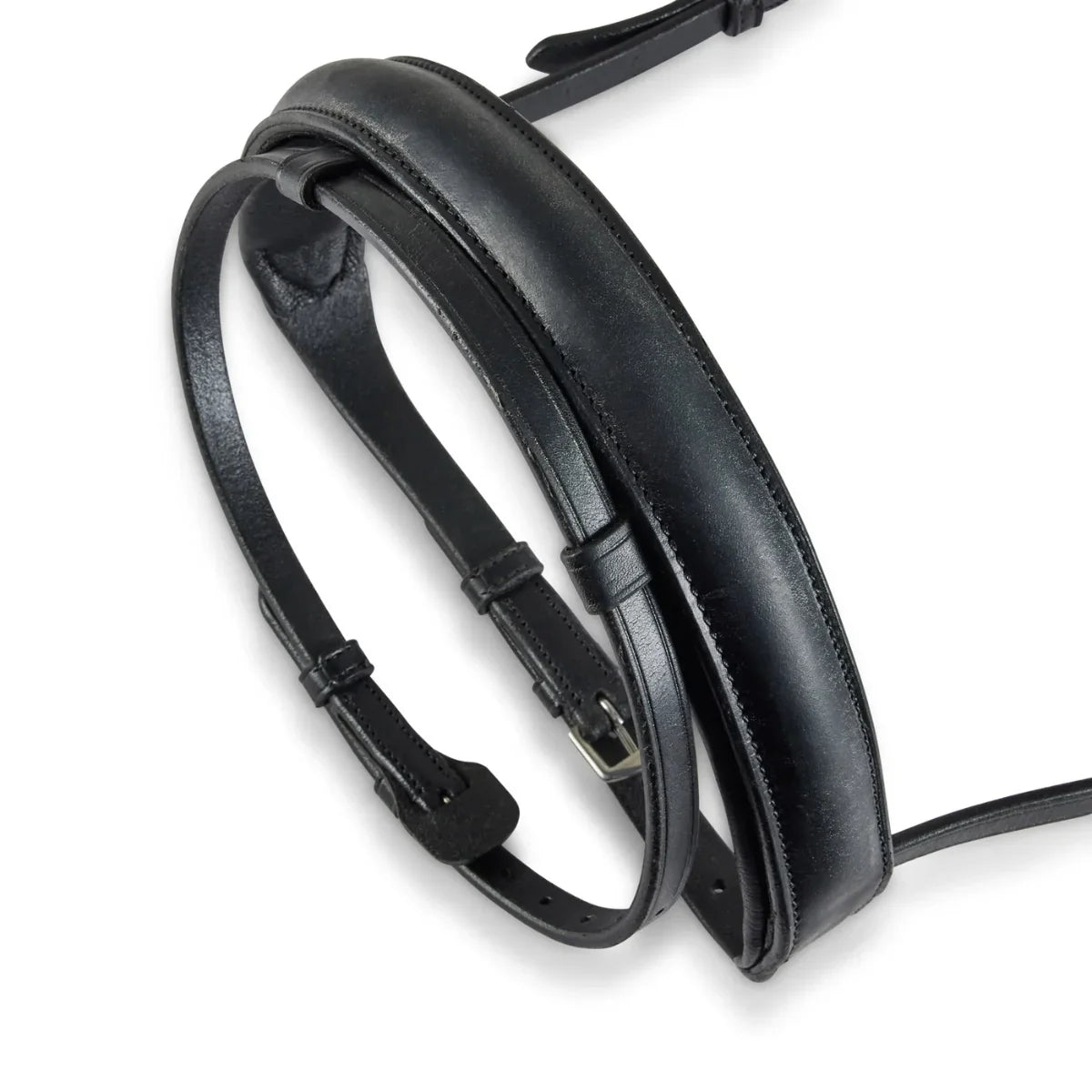 Black EcoRider Perfect Fit Comfort Leather Noseband separate, featuring thick protective padding and adjustable buckle strap.