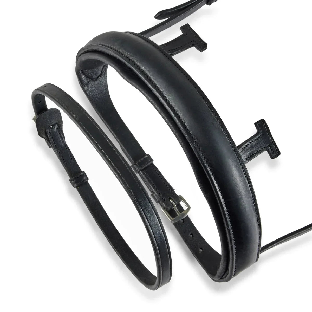 Black EcoRider anatomical leather noseband with padded chin guard connected to the Perfect Fit Universal Strap.