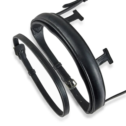 Black EcoRider anatomical leather noseband with padded chin guard connected to the Perfect Fit Universal Strap.