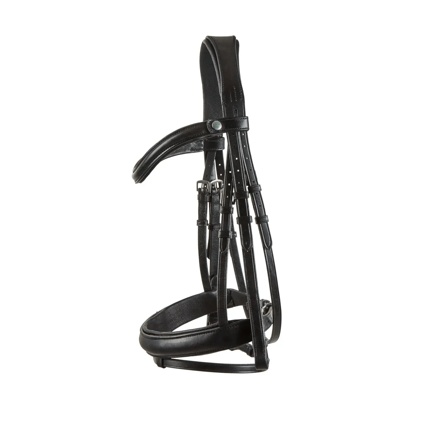 Black EcoRider Freedom Comfort plain padded cavesson leather bridle with an anatomic headpiece and curved padded browband.