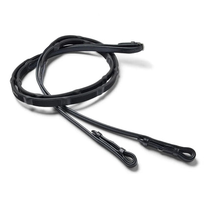 Black EcoRider Ergo Reins coiled, featuring a low-profile textured grip with integrated raised stoppers and hook stud leather billets.