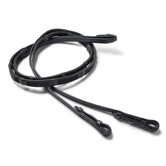 Black EcoRider Ergo Reins coiled, featuring a low-profile textured grip with integrated raised stoppers and hook stud leather billets.