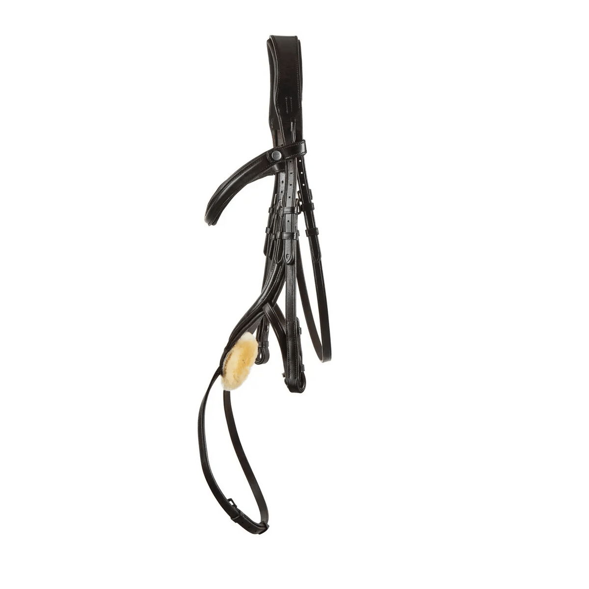 Brown EcoRider anatomical grackle bridle featuring an ergonomic padded headpiece, curved browband, and grackle noseband with sheepskin pad.
