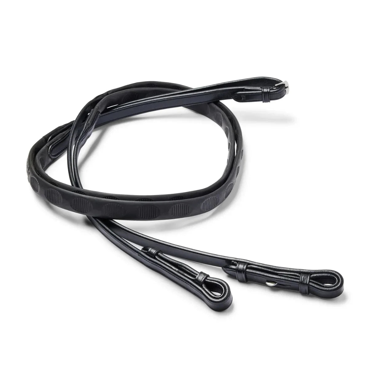 Black EcoRider Magna Reins coiled, featuring a unique textured thumb-shape rubber grip and hook stud leather billets.
