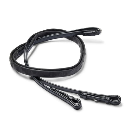 Black EcoRider Magna Reins coiled, featuring a unique textured thumb-shape rubber grip and hook stud leather billets.