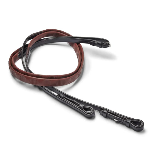 EcoRider Magna Reins coiled, featuring a unique brown textured thumb-shape rubber grip and black leather hook stud billets.