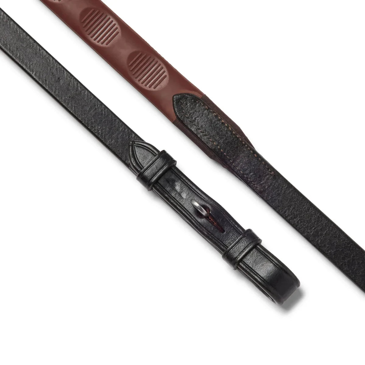 EcoRider Magna Reins featuring a brown textured thumb-shape rubber grip and supple black leather billet ends.