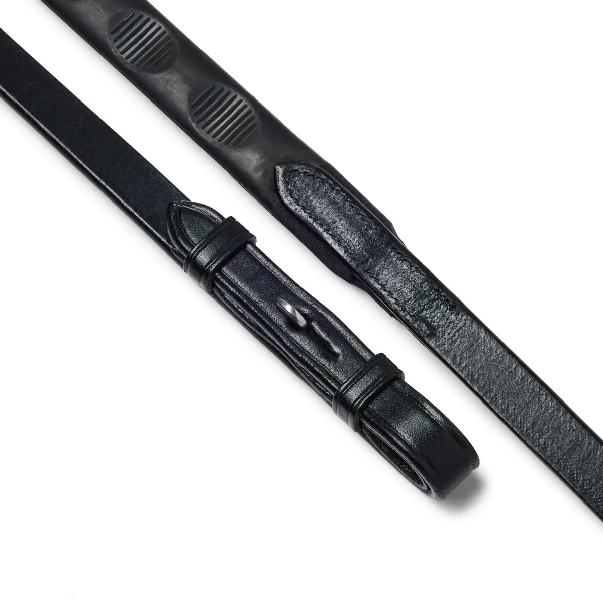 Black EcoRider Magna Reins featuring a textured thumb-shape rubber grip and supple black leather billet ends.