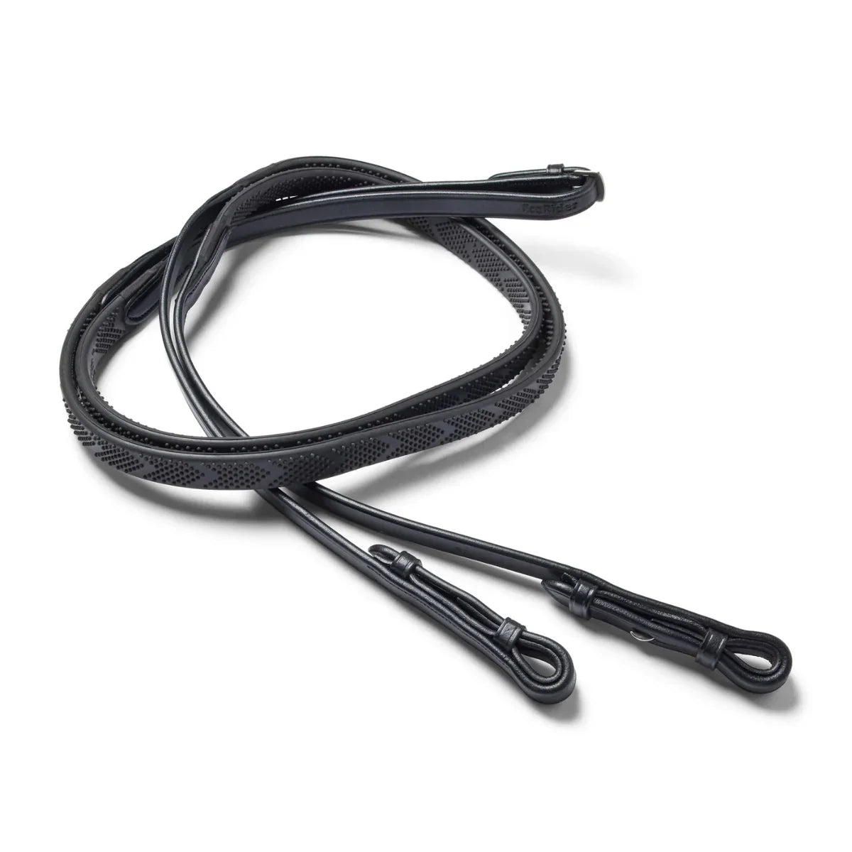 Black EcoRider Pro Solid Reins coiled, featuring a high-traction chevron rubber pimple grip and hook stud leather billets.