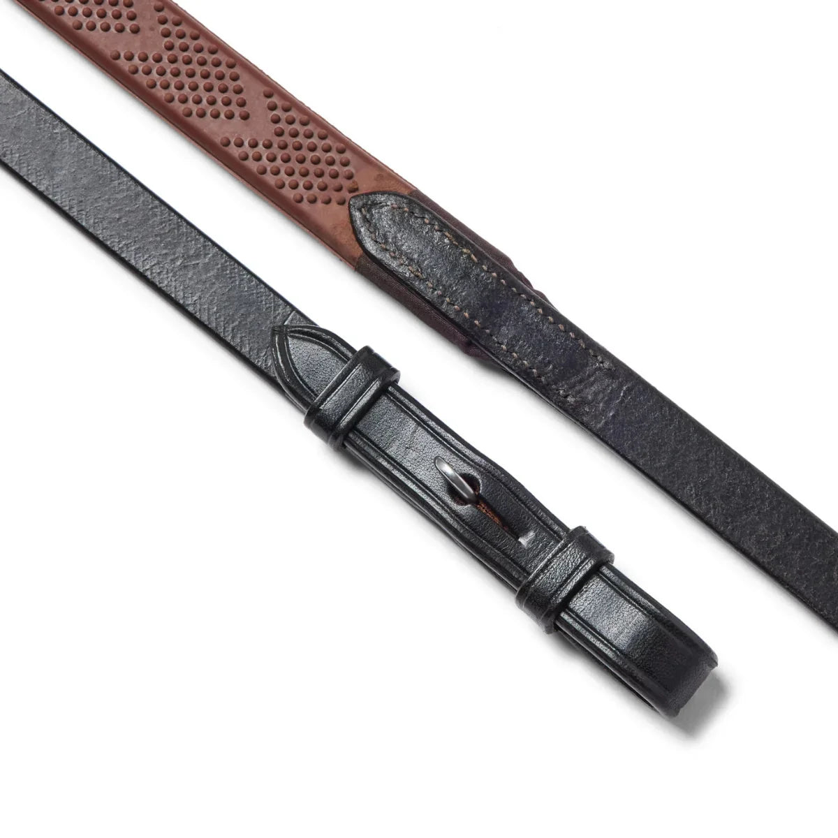 EcoRider Pro Solid Reins featuring a brown chevron rubber pimple grip and black leather hook stud ends.
