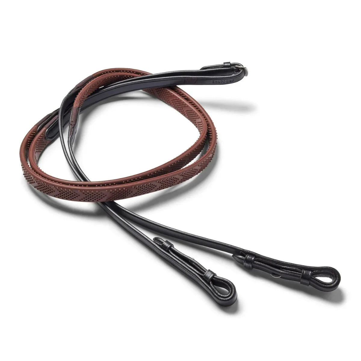 EcoRider Pro Solid Reins coiled, featuring a high-traction brown chevron rubber grip and black leather hook stud billets.