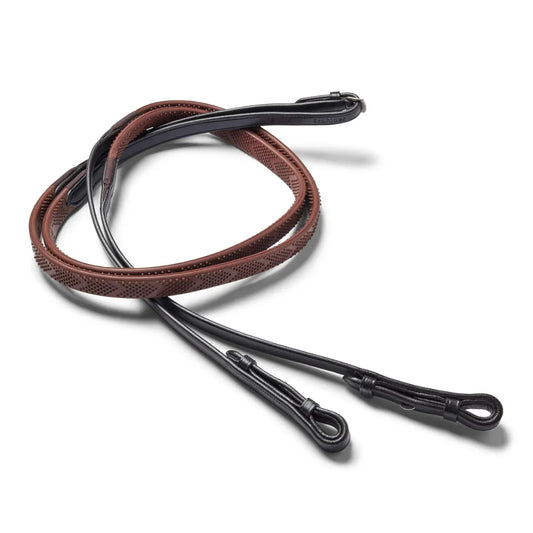 EcoRider Pro Solid Reins coiled, featuring a high-traction brown chevron rubber grip and black leather hook stud billets.