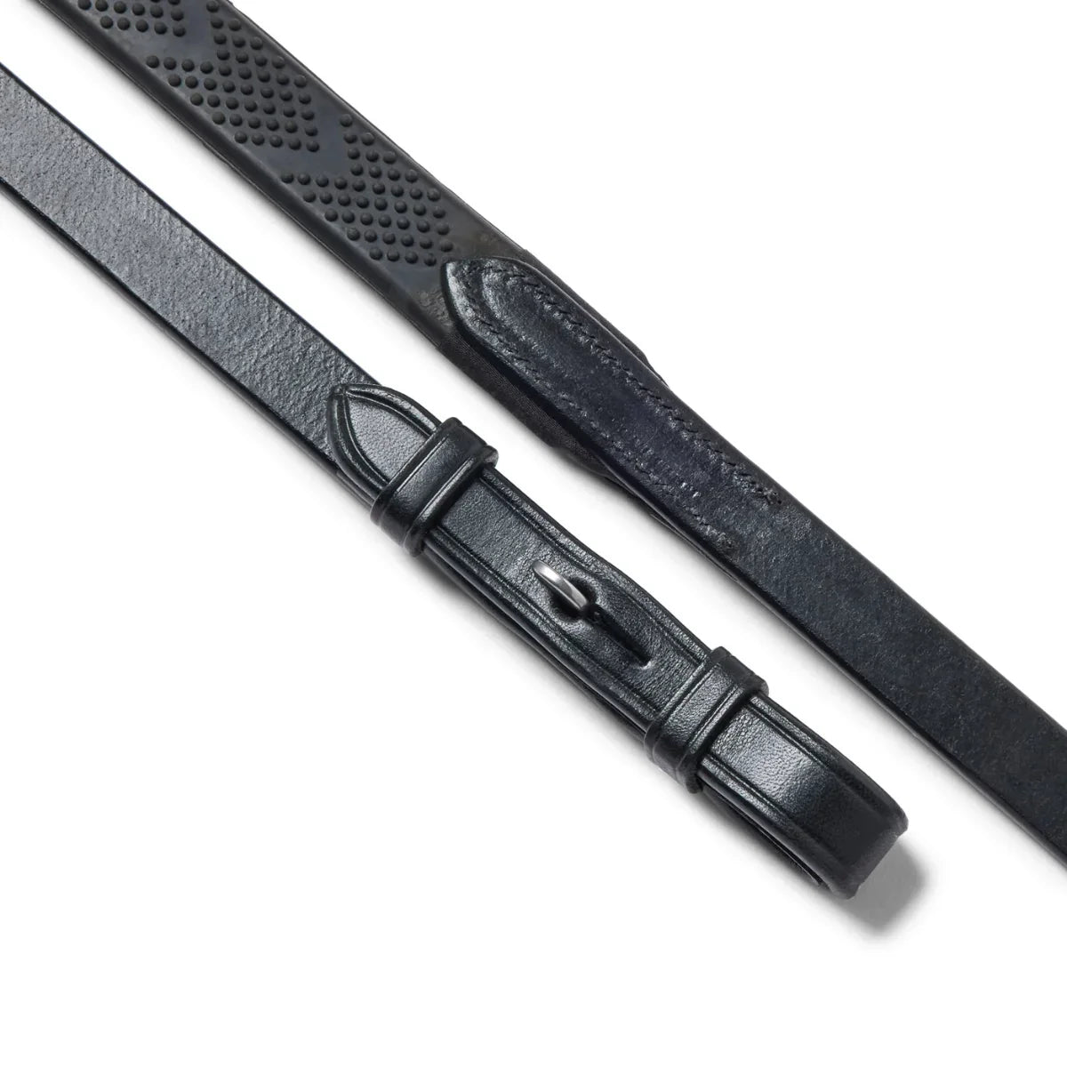 Black EcoRider Pro Solid Reins featuring a high-traction chevron rubber pimple grip and supple black leather billet ends.