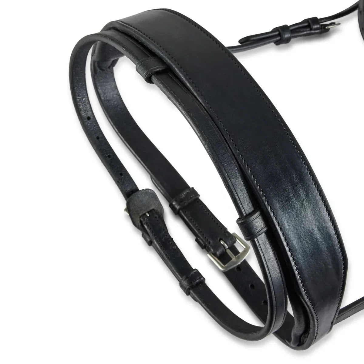 Black EcoRider Perfect Fit Show Comfort Cavesson Noseband separate, featuring thick protective padding and adjustable straps.