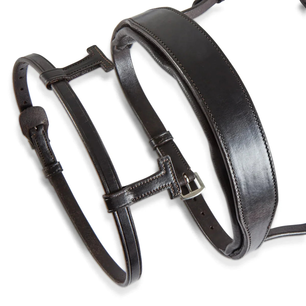 Brown EcoRider Perfect Fit Universal Strap featuring adjustable leather bands and T-shaped attachment loops for bridle customization.