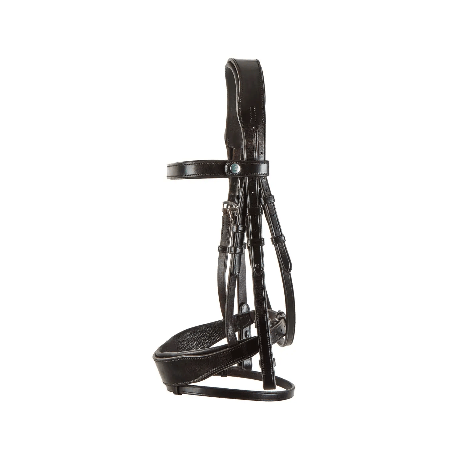 Brown EcoRider Freedom Comfort plain padded cavesson leather bridle with an anatomic headpiece and curved padded browband.