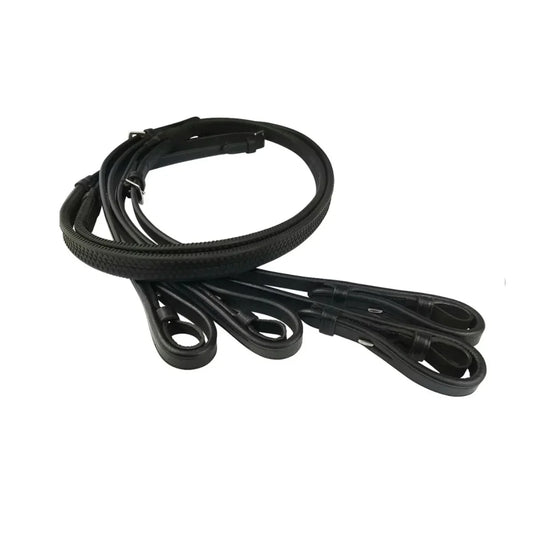 Coiled EcoRider Supergrip Reins featuring a part-webbing, part-woven rubber grip and black leather hook stud ends.